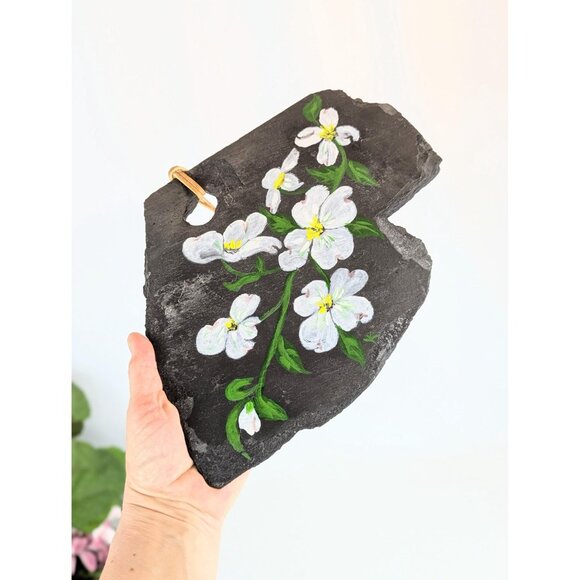 Large Hand-Painted Gray Slate Wall Hanging Art White Dogwood Flowers Rustic Boho - Picture 8 of 10